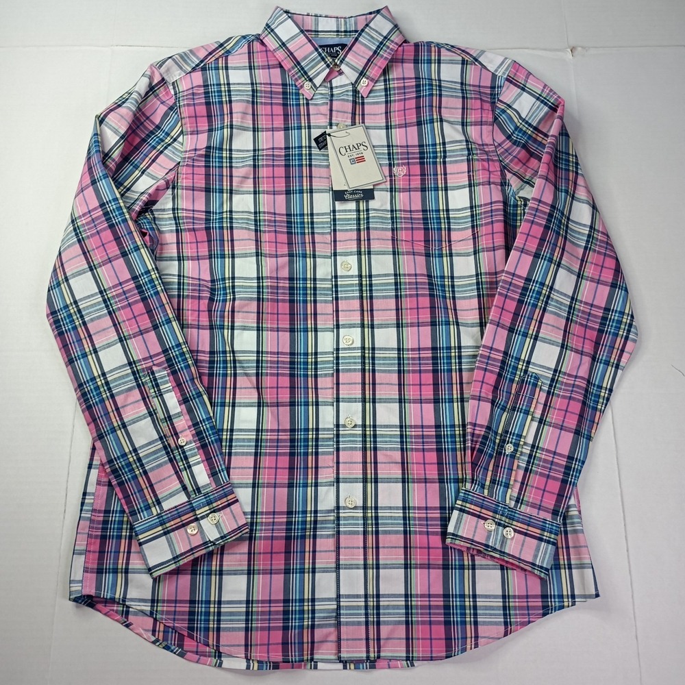 Chaps Easy Care Woven Shirt Men's Size M Peony Pink Plaid Stretch Classic Fit